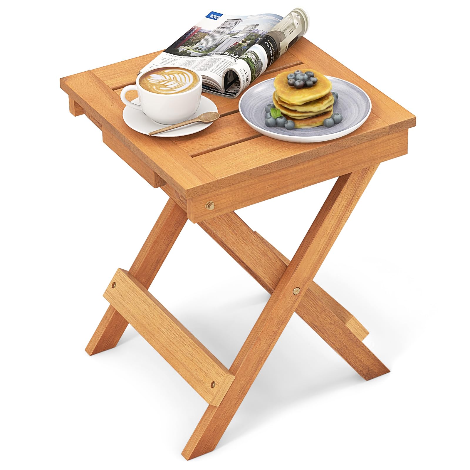 Tangkula Table d'appoint pliante d'extérieur, table de bistro de patio en bois dur avec plateau à lattes et pieds en X